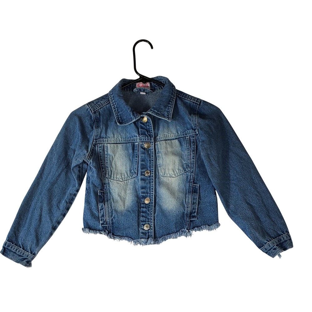 Chillipop Girls Denim Jacket Blue Frayed Fringe Distressed Trucker Size 10/12
